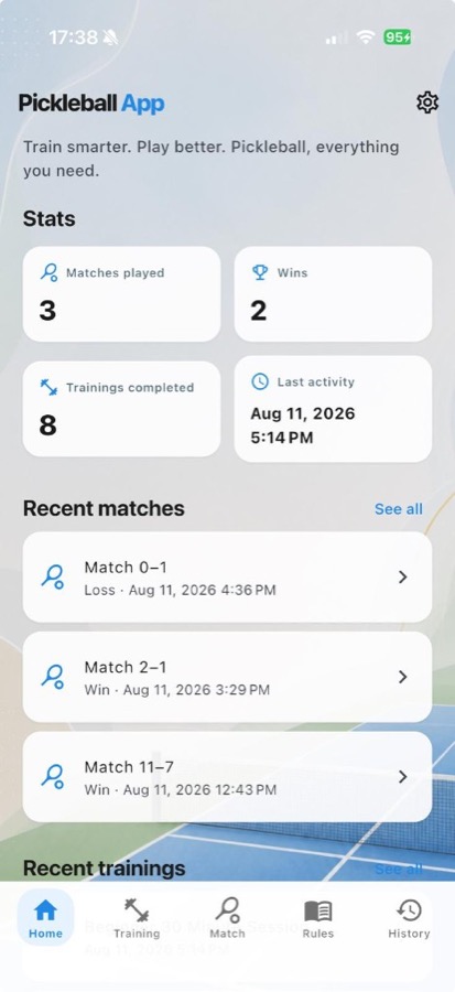 Home screen with match and training stats